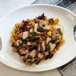 Seared Pork, Roasted Vegetables & Basil Dressing