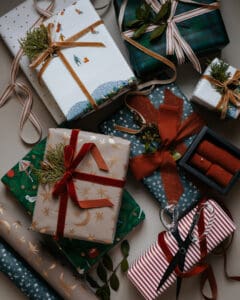 Traditionally wrapped packages with ribbons