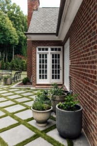 Outdoor herbs in large decorative pots placed along a brick house exterior, creating a lush, low-maintenance garden look outside.