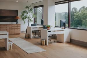 Two desks in a modern-looking office with large windows