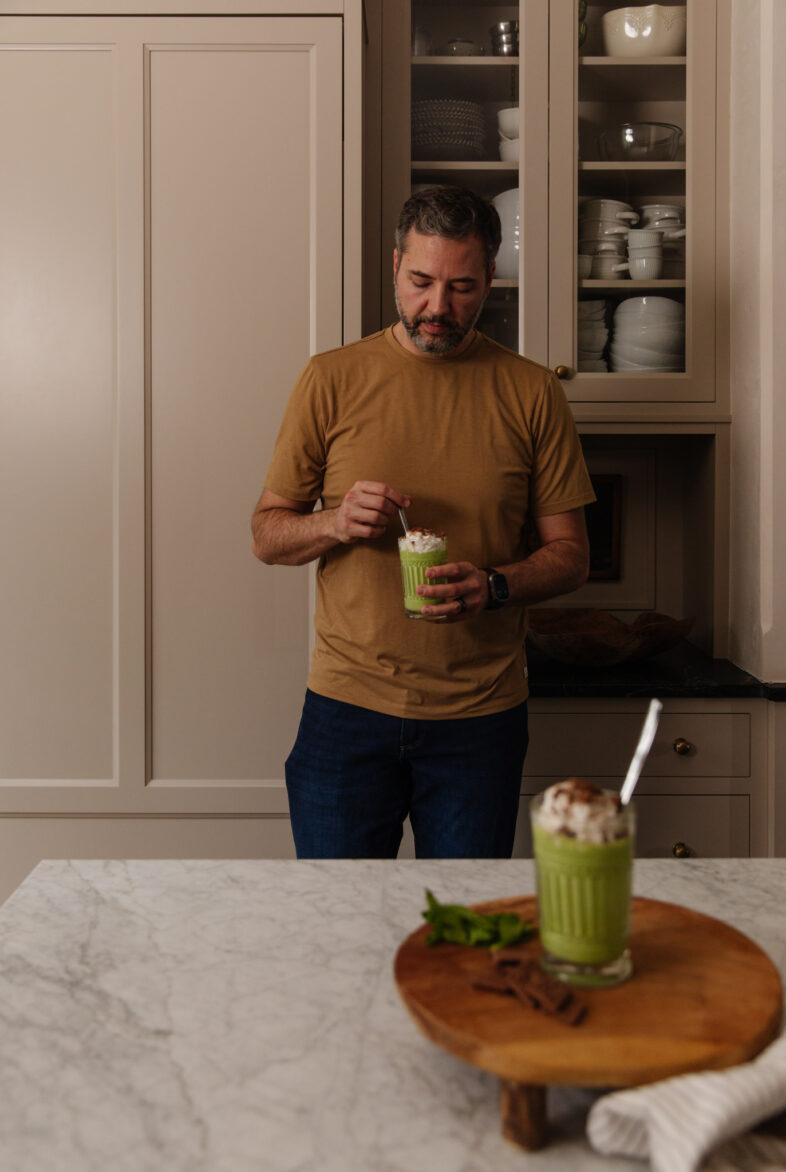 Chris enjoying the dairy-free Shamrock Shake