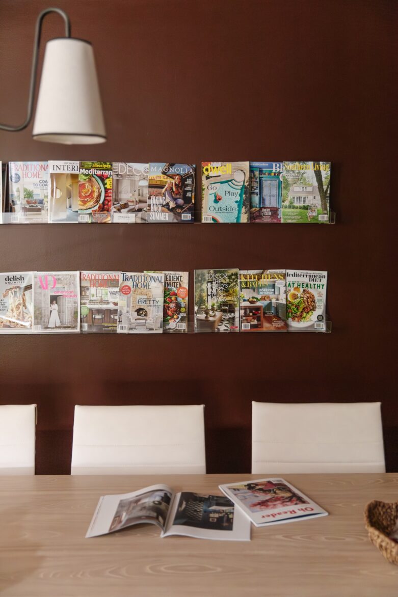 A magazine wall in an office
