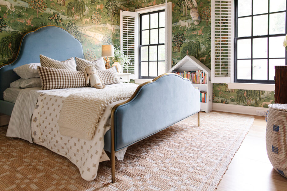 Polly's room with black interior window trim and white shutters