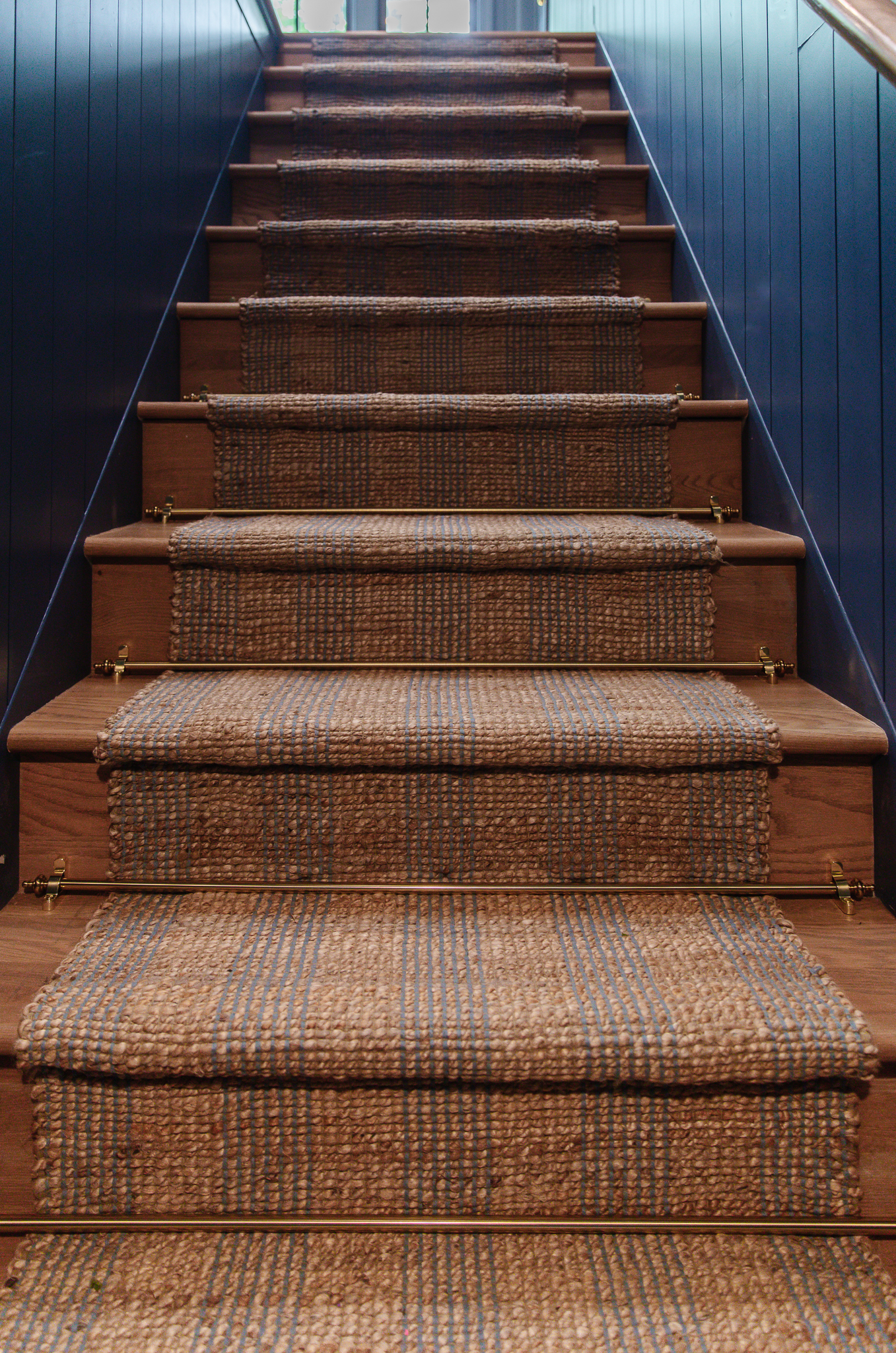 Chris Loves Julia | Stair rods installed over the stair runner on the back hallway