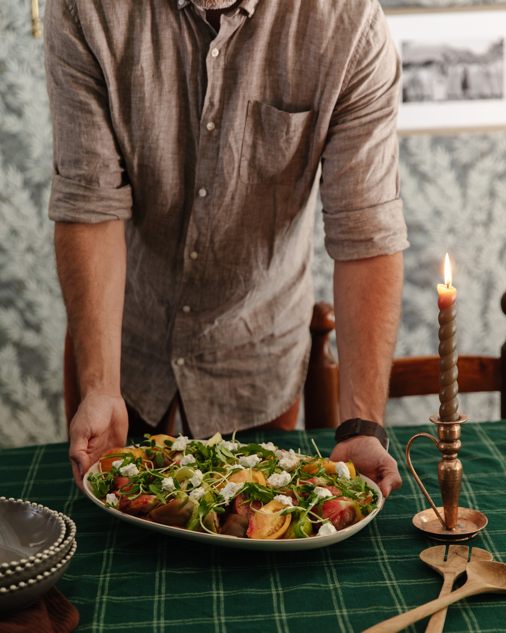 Chris Loves Julia | 10-Minute Tomato Salad with Red Pepper Dressing, Arugula and Goat Cheese