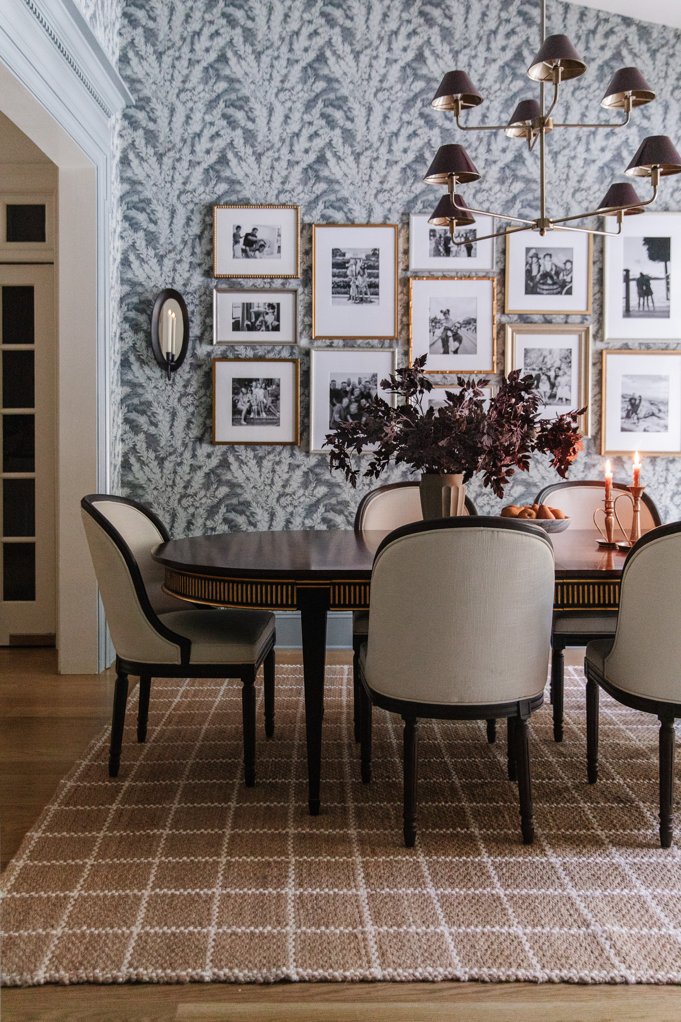 Dining room with a jute & wool brown-and-white grid rug