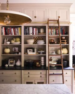 Taupe kitchen cabinets with kitchen ladder