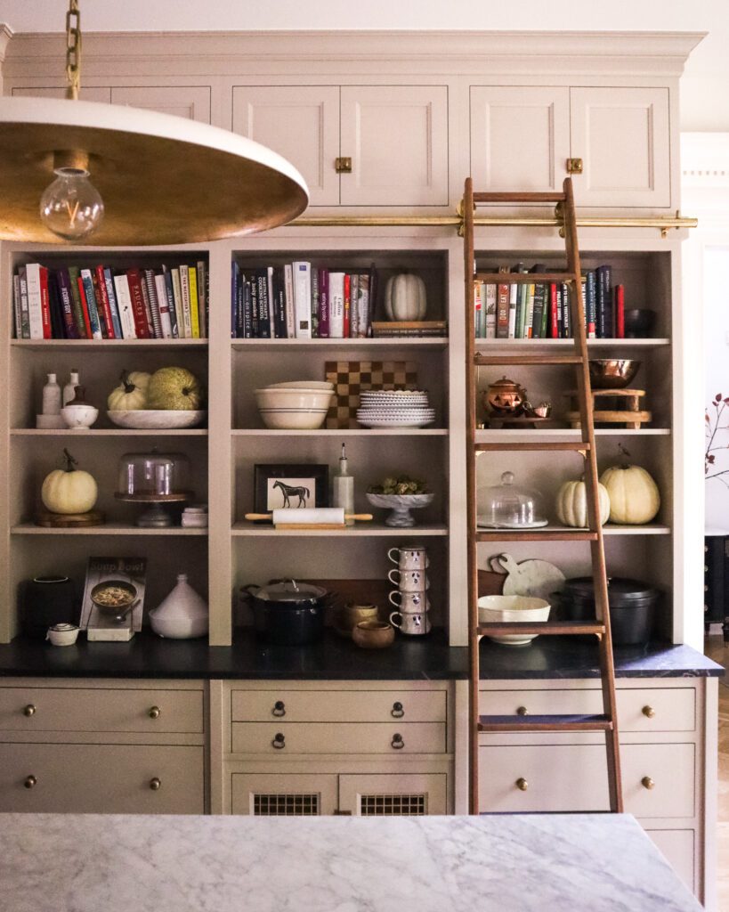 Taupe kitchen cabinets with kitchen ladder