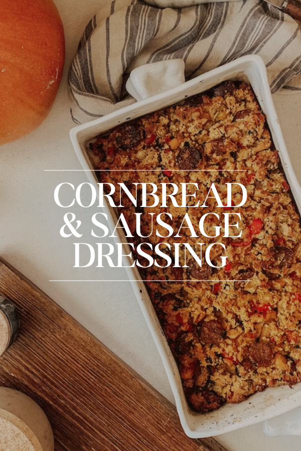 Cornbread & Sausage Dressing in a casserole dish