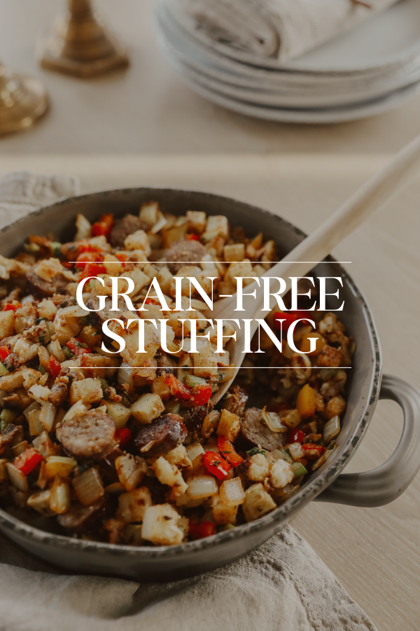 Grain-free stuffing with potatoes and sausage in a serving dish