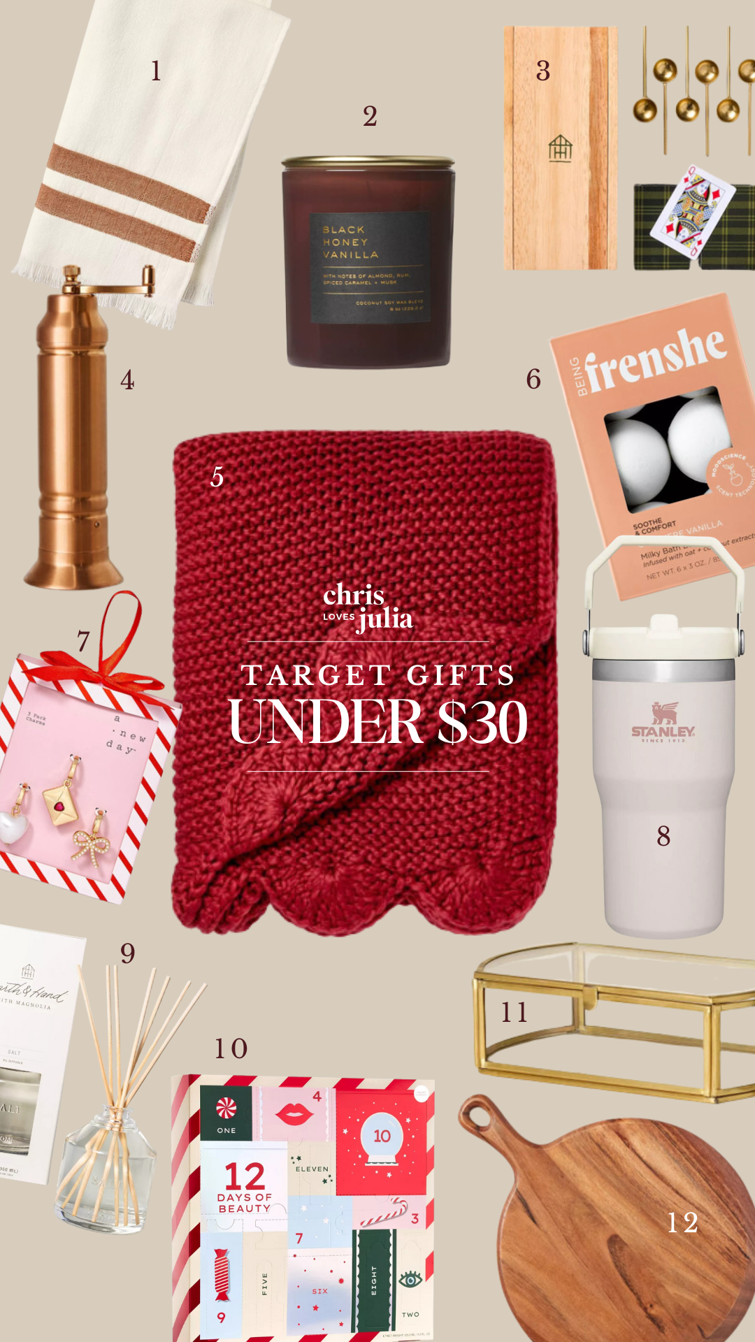 "Target gifts under $30" grid with a pepper grinder, Stanley cup, pretty candle, charms, and tea towel.