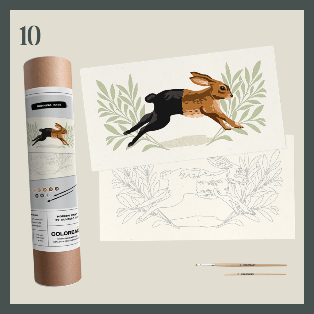 A paint-by-numbers canvas of a leaping hare