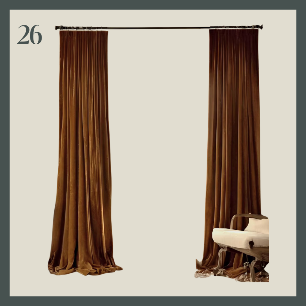 A set of dark gold velvet blackout curtains