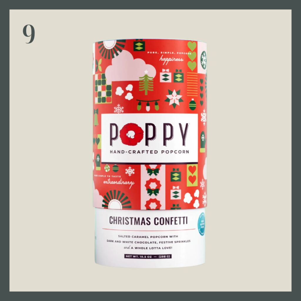 A canister of holiday-themed popcorn