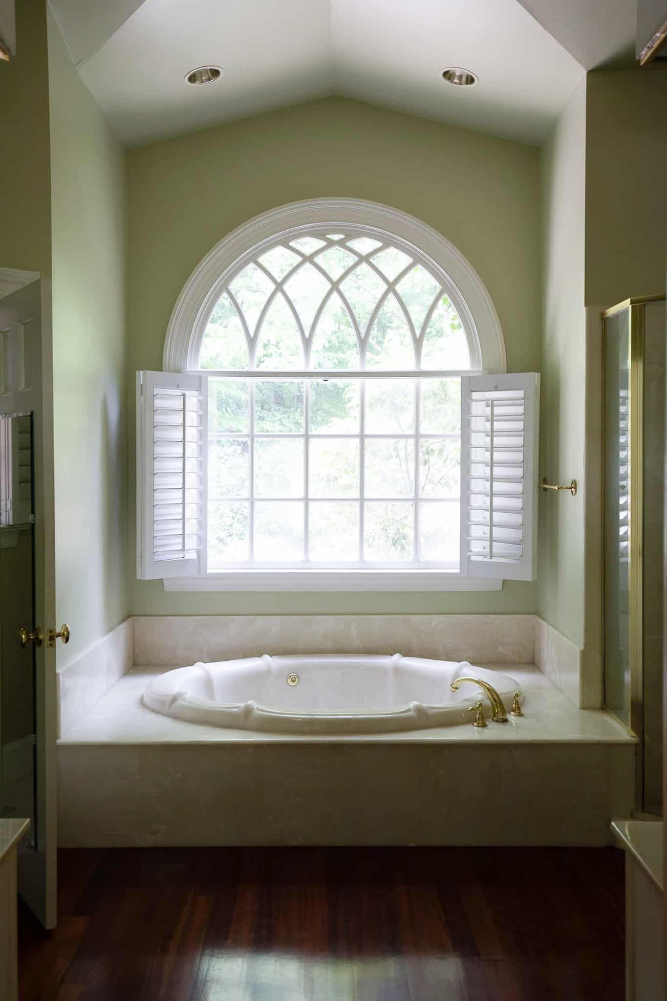 The (unfinished) primary bathroom in the Modern Colonial home