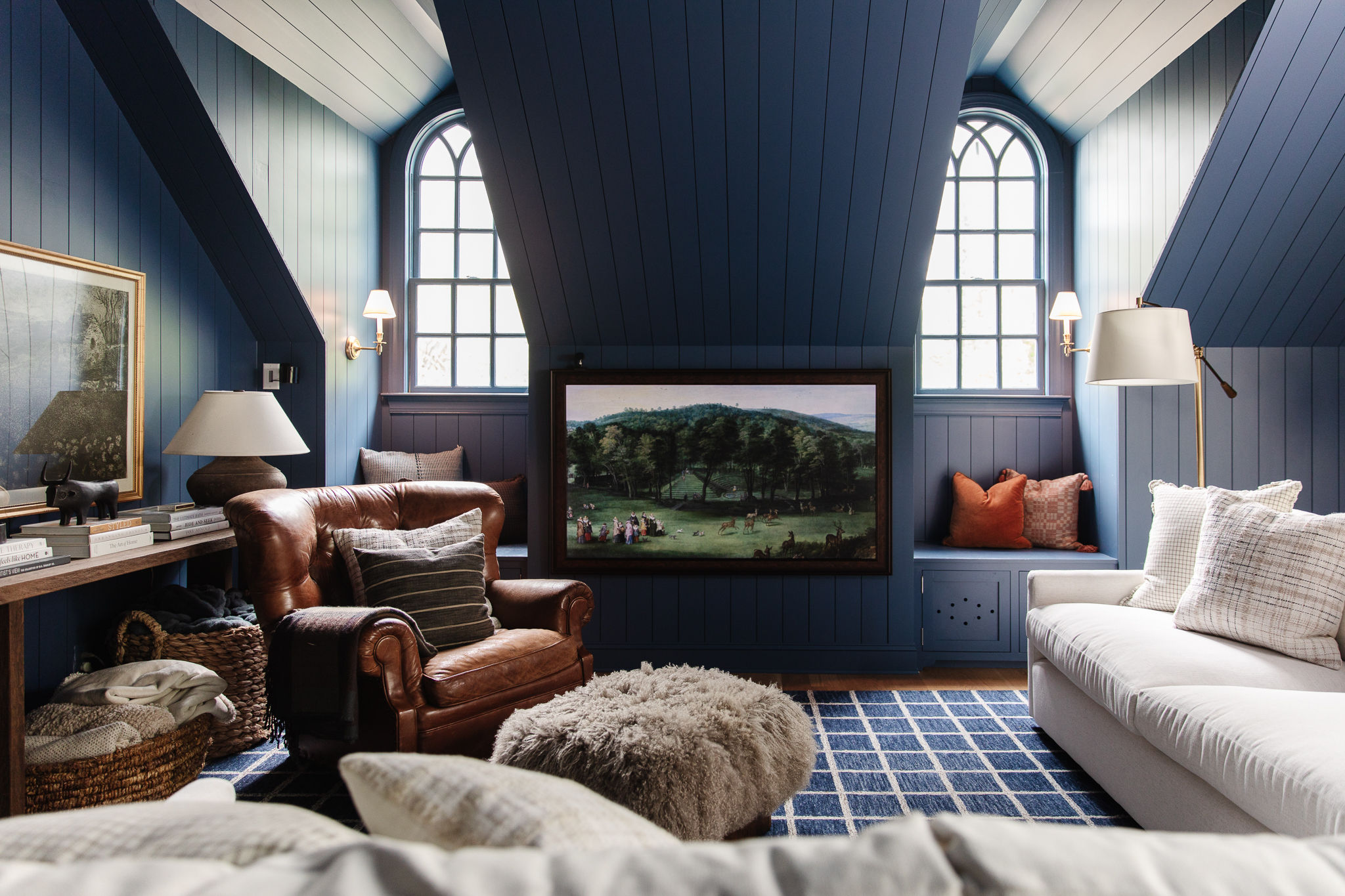 Dark blue bonus room with vintage Ralph Lauren design vibes