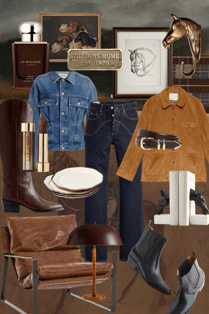 A mood board with cowboy-inspired moody fashion picks and equestrian-themed home decor
