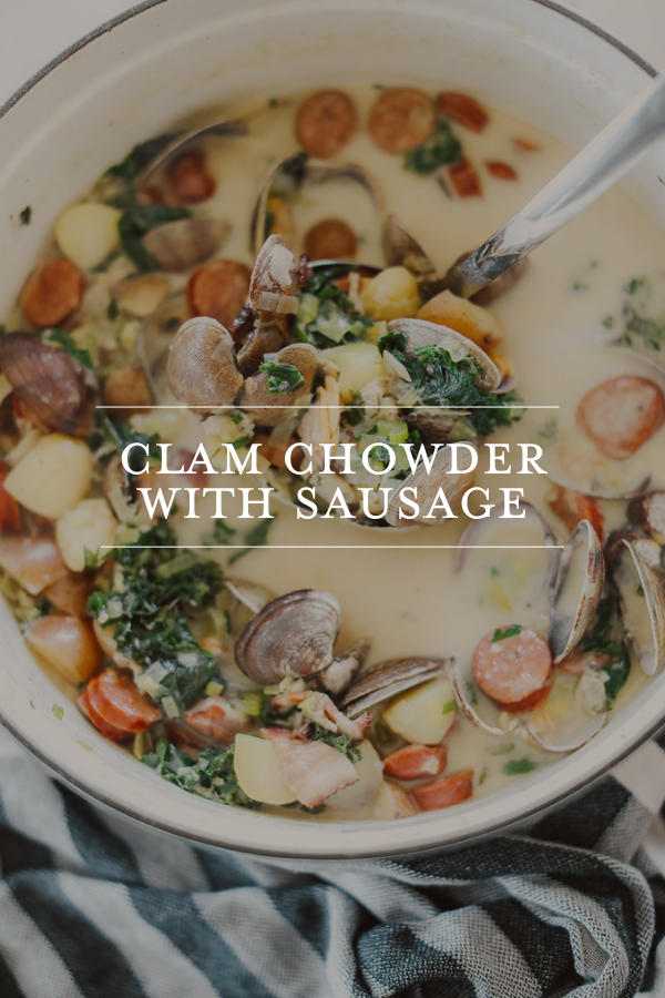 Clam Chowder with smoked sausage in a bowl