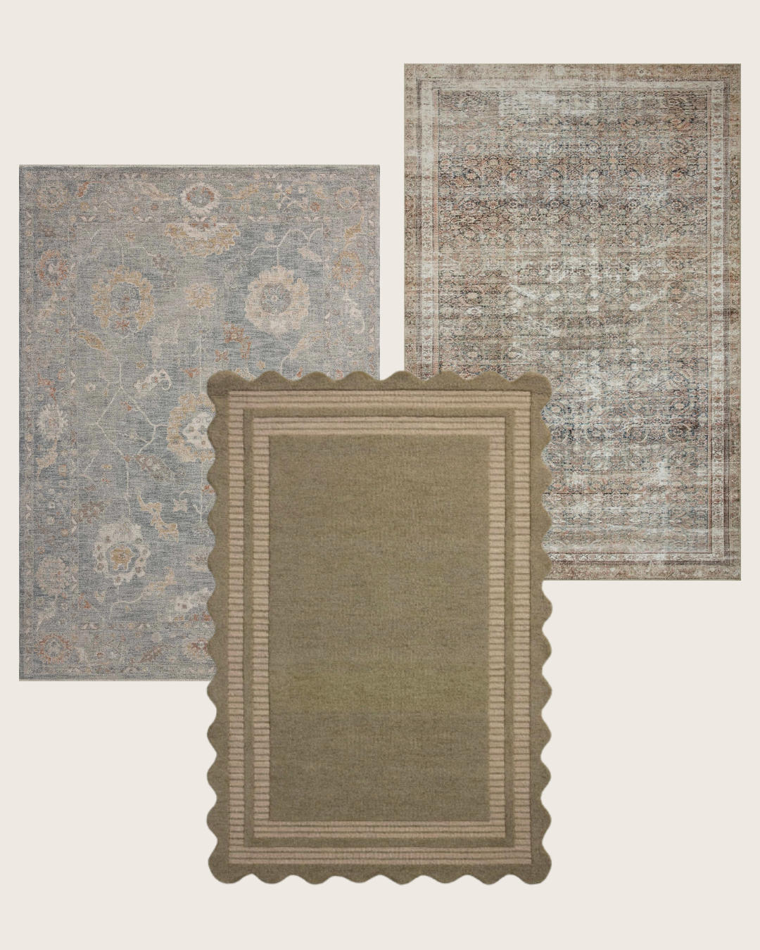Chris Loves Julia x Loloi Rugs: Louisa Ocean/Sunset (traditional floral soft blue rug) | Scottie Olive/Pebble (scalloped green rug with inset stripe border)| Jules Ink/Terracotta (traditional vintage-style rug in black and red)