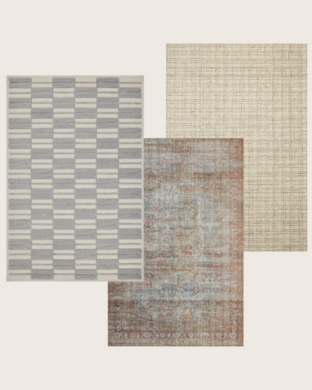 Chris Loves Julia x Loloi Rugs: Bradley Ivory/Gray (cream and gray offset modern stripe rug)| Jules Lagoon/Brick (traditional vintage-style red and navy rugs) | Polly Antique/Mist (beige and gray weathered grid rug)