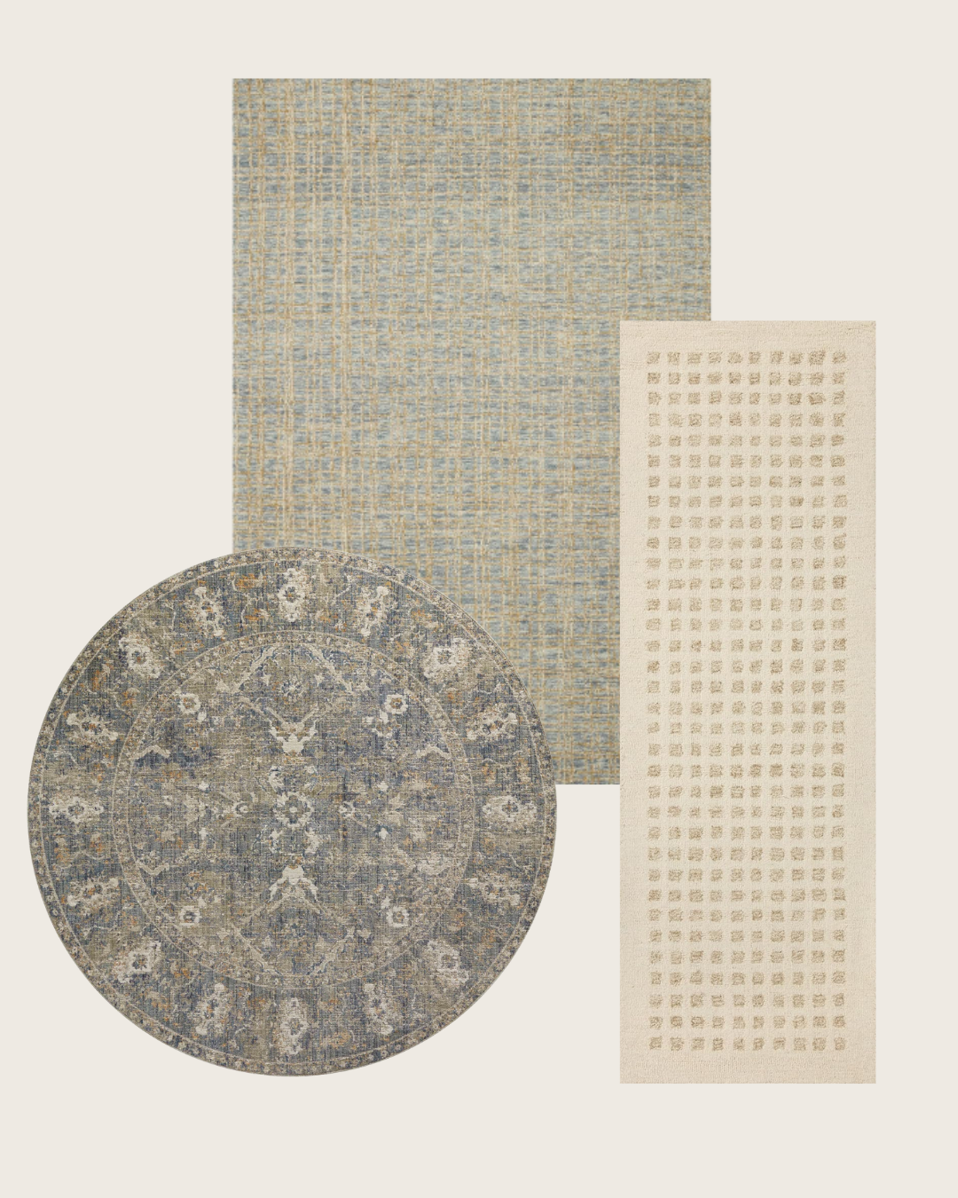 Chris Loves Julia x Loloi Rugs: Rosemarie Sand/Lagoon Round (navy and beige traditional motif circular rug) | Polly Blue/Sand (blue and beige weathered grid rug) | Polly Ivory/Natural Runner (cream rug with beige squares)
