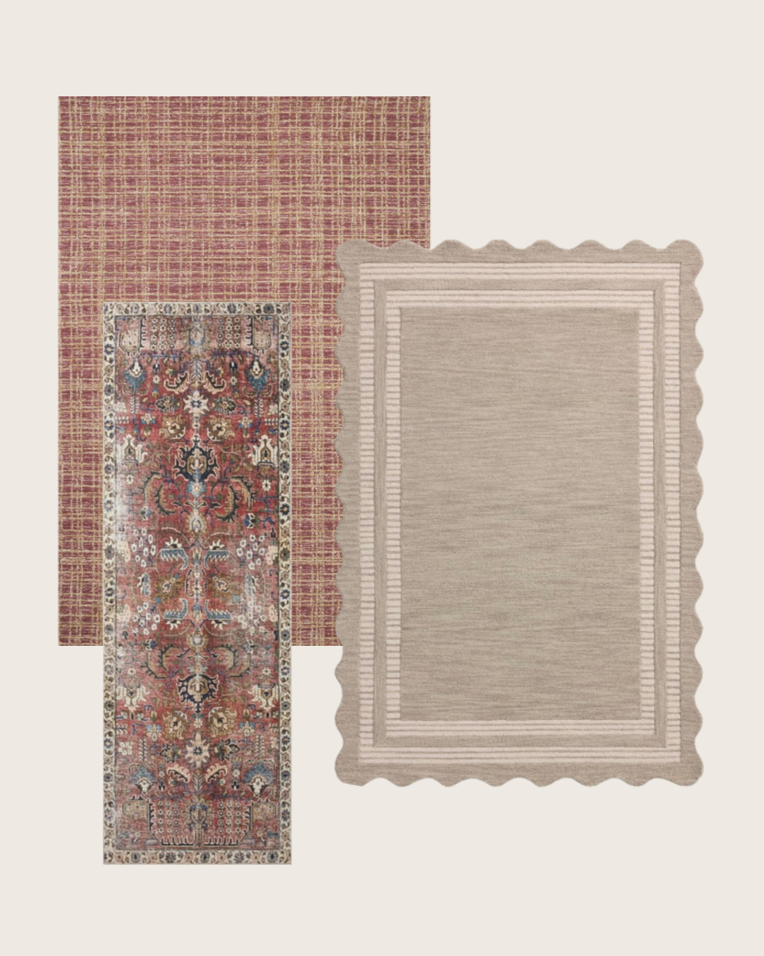 Chris Loves Julia x Loloi Rugs: Polly Berry/Natural (red and beige weathered grid rug) | Jules Merlot/Multi Runner (traditional vintage-style rug in red and navy) | Scottie Fog/Ivory (scalloped rug in greige with inset border)