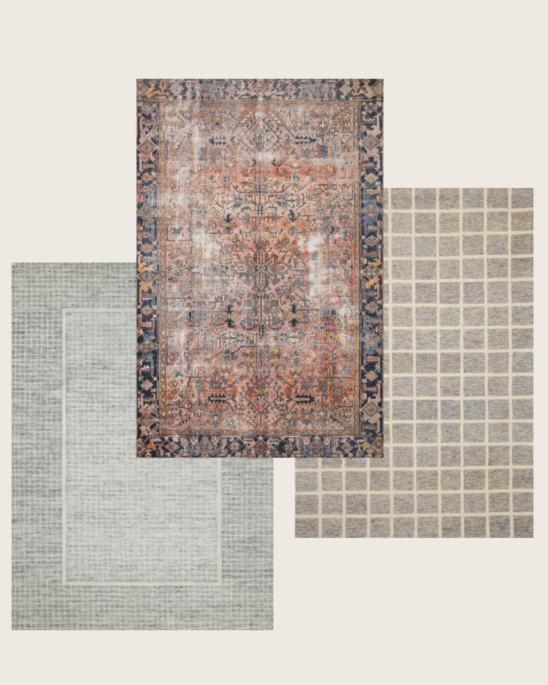 Chris Loves Julia x Loloi Rugs: Briggs Mist/Ivory (blue grid rug) | Jules Terracotta/Multi (traditional red and navy rug) | Polly Slate/Ivory (grid beige rug)