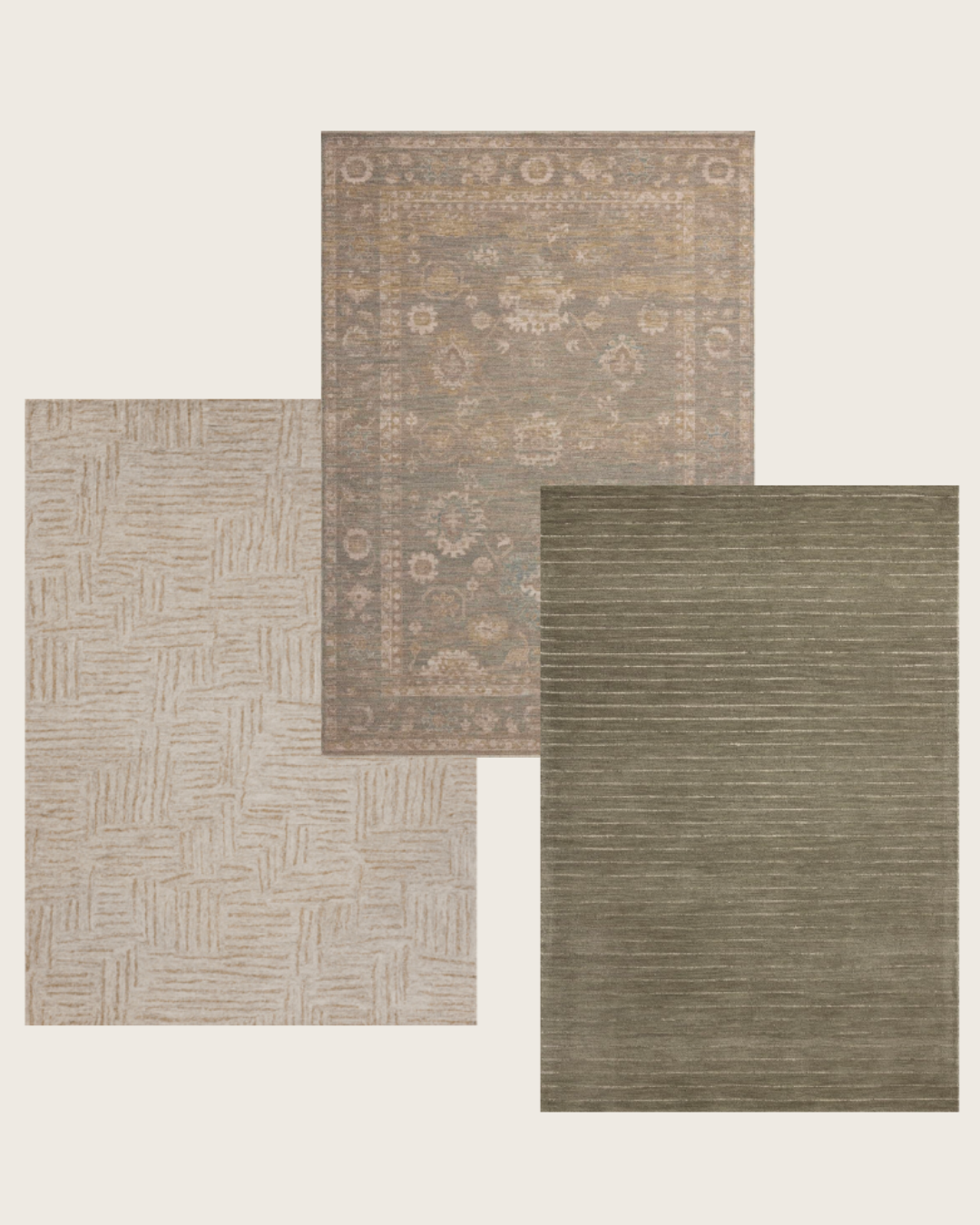 Chris Loves Julia x Loloi Rugs: Polly Smoke/Sand (geometric zig-zag rug)| Louisa Taupe/Gold (traditional muted gray rug) | Henry Olive/Ivory (modern green pinstripe rug)