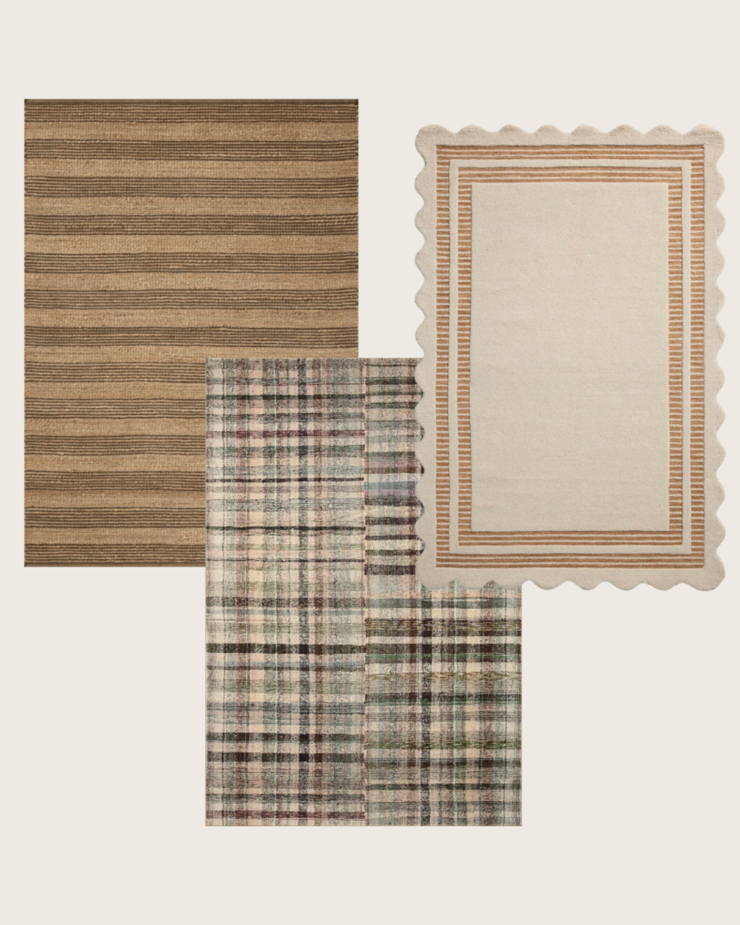 Chris Loves Julia x Loloi Rugs: Judy Natural/Chocolate (jute modern thick stripes rug) | Humphrey Forest/Multi (offset plaid rug) | Scottie Ivory/Rust (cream scalloped rug with stripe border)