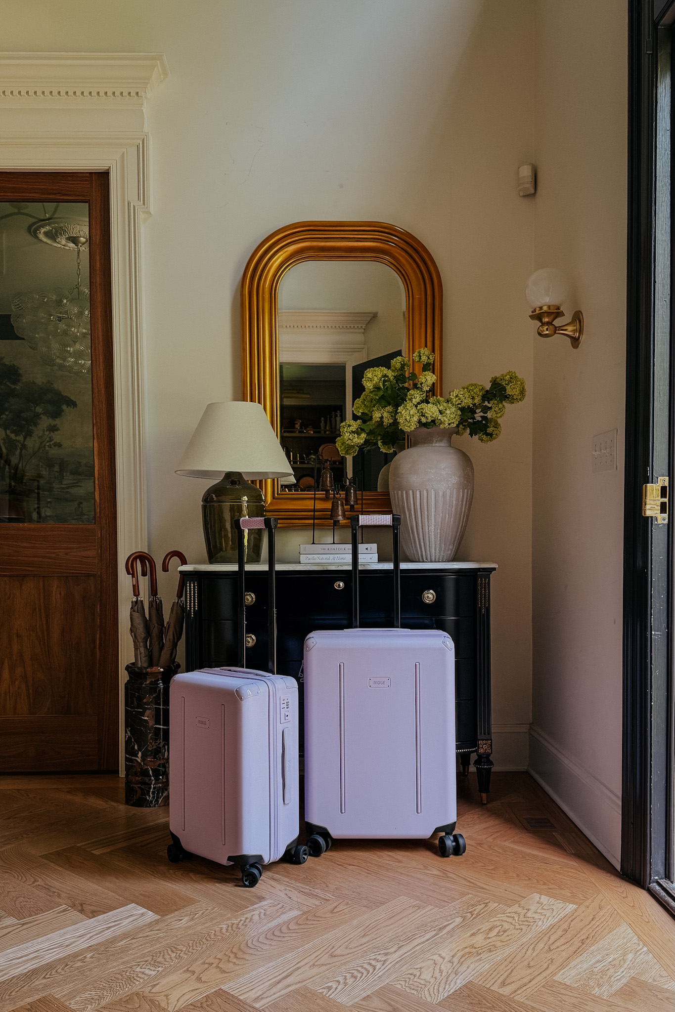 A photo of purple Ridge suitcases in the entryway of a moody, modern, traditional home