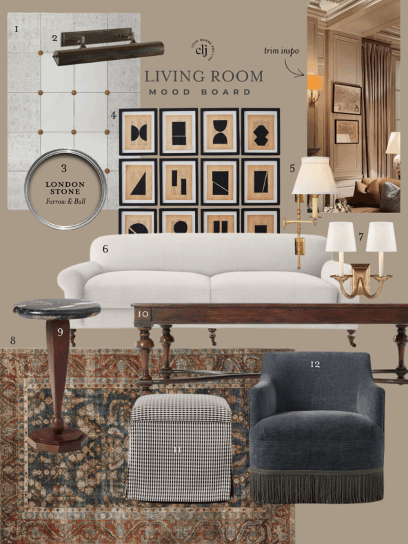 Mood board collage of moody modern traditional home decor and furniture