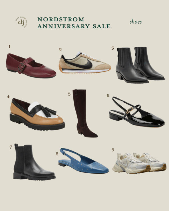 Boots, loafers, and tennis shoes in a grid