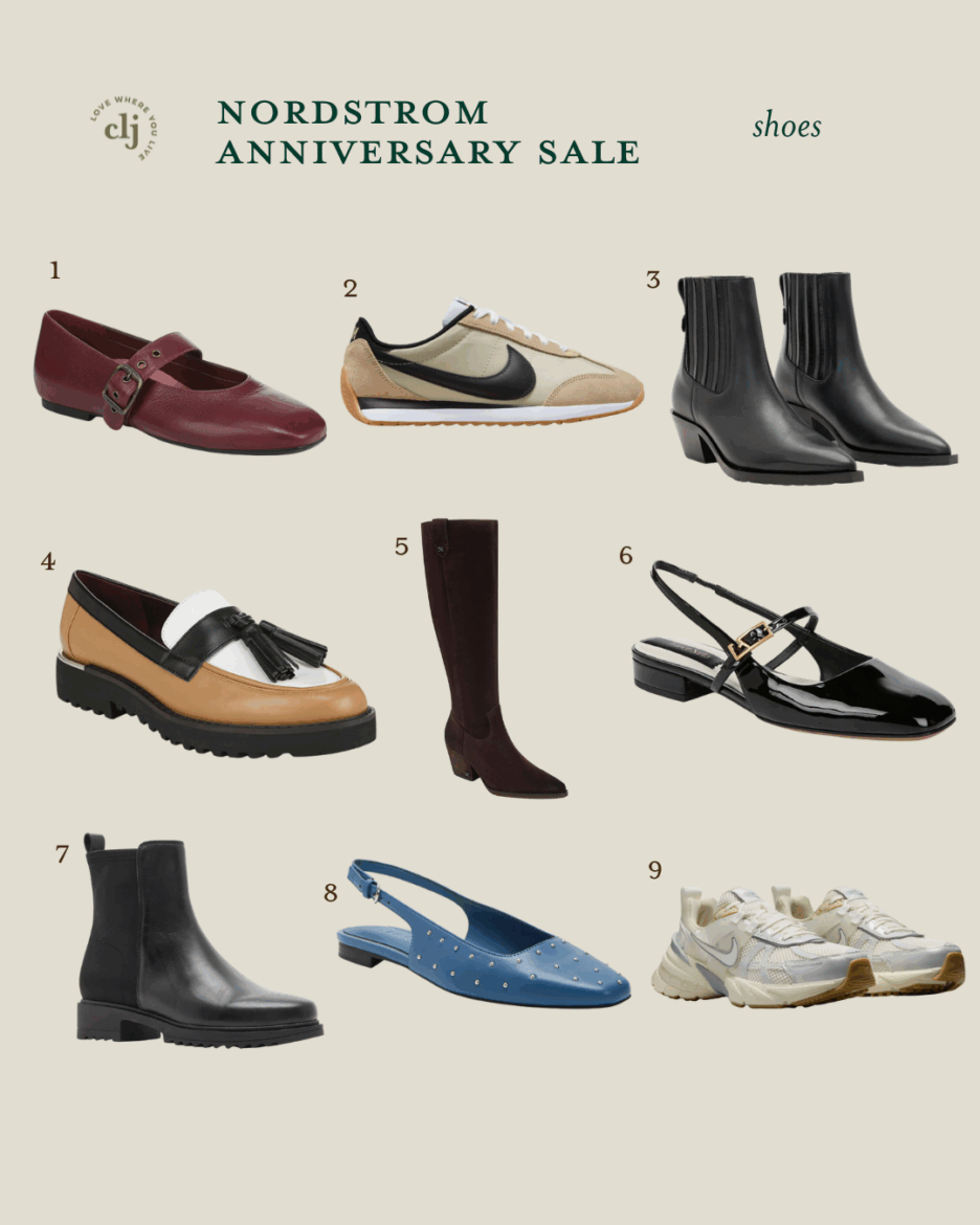 Boots, loafers, and tennis shoes in a grid