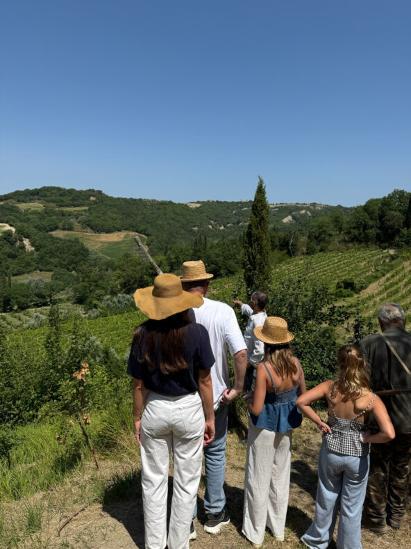 Group of people enjoying a tour in a scenic countryside with rolling hills and lush greenery.