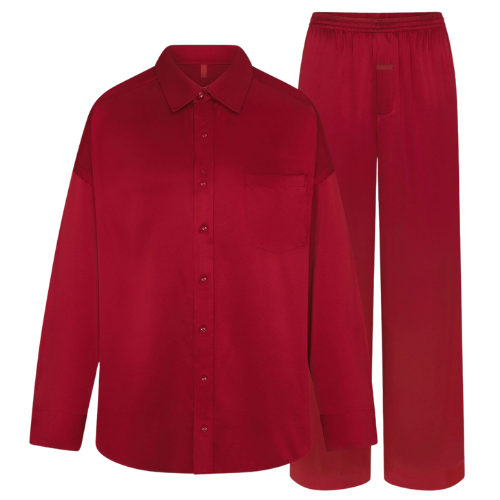 Skims Silk OVERSIZED LONG SLEEP SET Red pajamas lounge