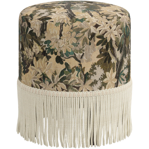 Lulu and Georgia Alair Round Ottoman tapestry fringe