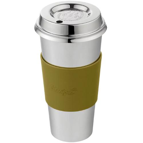 Christofle Stainless Steel Coffee Cup Objets Miroir with Leather Sleeve