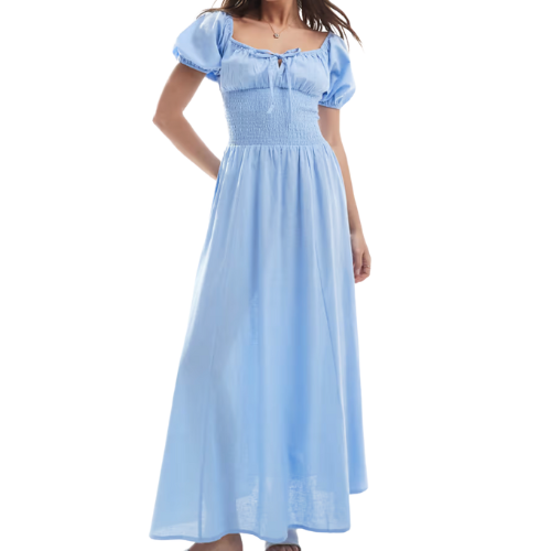 ASOS (Global) Esmee Exclusive puff sleeve tie front maxi beach dress in blue