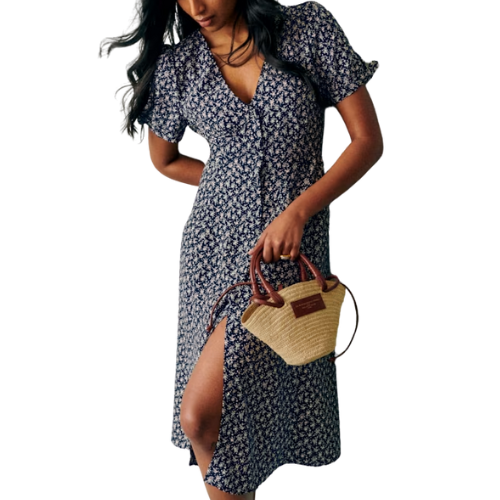 Sezane Paris - US Vic Dress blue floral shirt dress midi