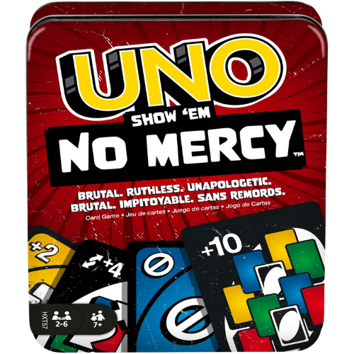 Amazon Mattel Games UNO Show ‘em No Mercy Card Game in Storage & Travel Tin for Kids, Adults & Family Night with Extra Cards, Special Rules & Tougher Penalties (Amazon Exclusive)