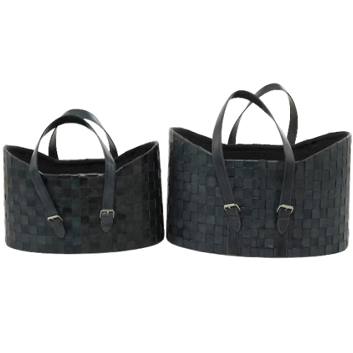 Grayson Lane 2 -Pack ( 16-in W x 14-in H x 21.05-in D ) Dark Blue Handmade Oval with Wicker Pattern Leather Basket