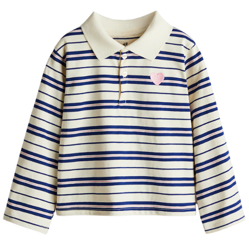 H&M (US + CA) Cotton Jersey Polo Shirt embroidered heart striped girls