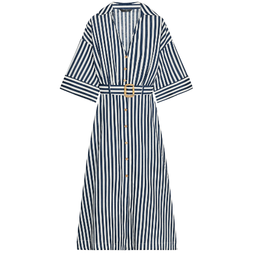 Zara Linen Blend Midi Dress Striped Belted