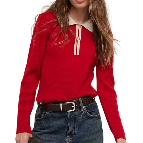 Free People Rudy Cashmere Pullover red sweater polo collar