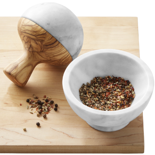 White Marble and Olivewood Mortar and Pestle