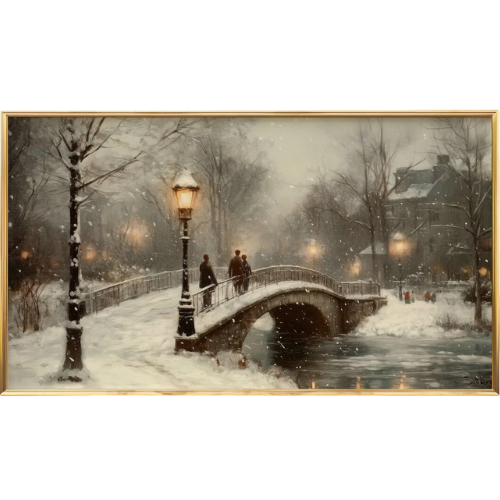Winter landscape bridge central park vintage frame tv art snow