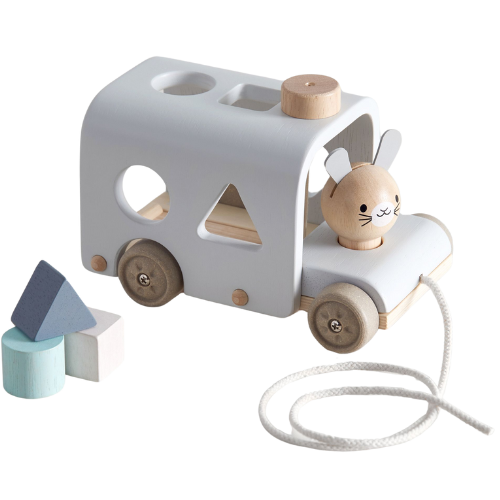 Plan Toys x pbk Bunny Sorting Bus wood pull behind toy