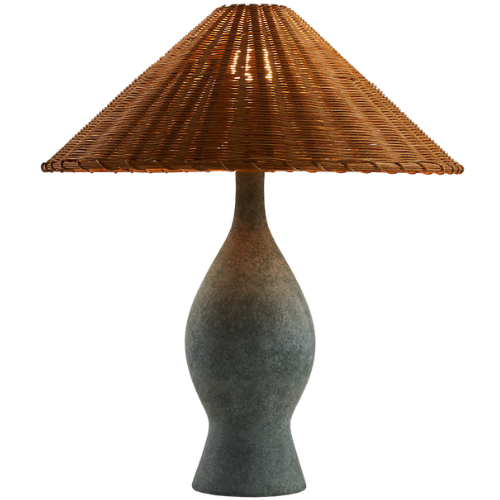 Courbe Green Ceramic Table Lamp with Rattan Shade