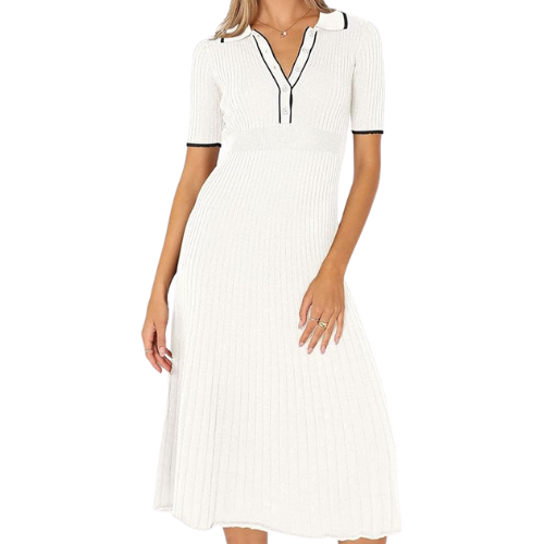 Amazon Polo Neck Cream White Black Sweater Dress Pleated Midi