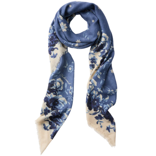 Tuckernuck Slate Blue Fading Floral Silk Cashmere Blend Large Scarf